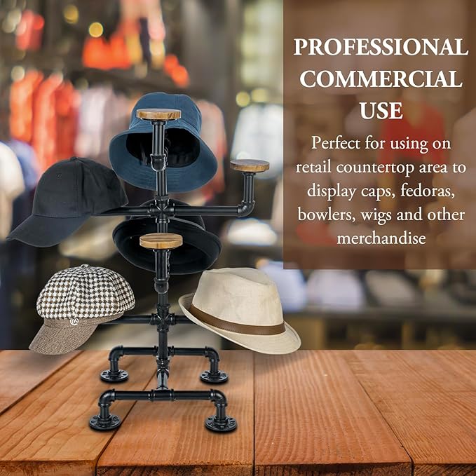 MyGift Hat Display Stand, Cowboy Hat Holder Rack with 8 Round Rustic Burnt Solid Wood Hangers, Countertop Retail Display Stand for Baseball Cap or Wig, Industrial Black Metal Pipe