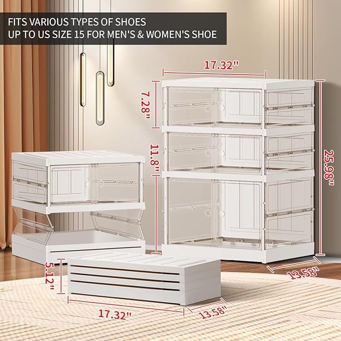 CIMLORD 3-Tier Foldable Shoe Rack for Closet Entryway 3-6Pairs,Stackable Clear Shoe Storage Boxes Organizer with Door Plastic Shoe Cabinet Bins with Lids Shoes Shelf Easy Assembly Large White