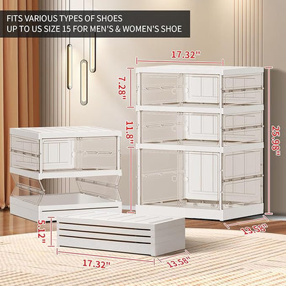CIMLORD 3-Tier Foldable Shoe Rack for Closet Entryway 3-6Pairs,Stackable Clear Shoe Storage Boxes Organizer with Door Plastic Shoe Cabinet Bins with Lids Shoes Shelf Easy Assembly Large White