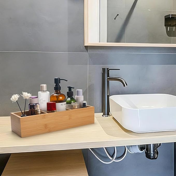 Bamboo Bathroom Basket, Wood Toilet Tank Basket, Wooden Storage Box with 3 Compartments for Bathroom Organizer (14.6 x 4.7 x 3.1 inch)