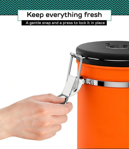 Coffee Gator Coffee Canister, 16oz Airtight Stainless Steel Kitchen Food Storage Container with Date Tracker, Scoop for Sugar,Grounds Coffee, Beans,Tea, Sugar, Cereal, Flour, Cookies Jars - Orange