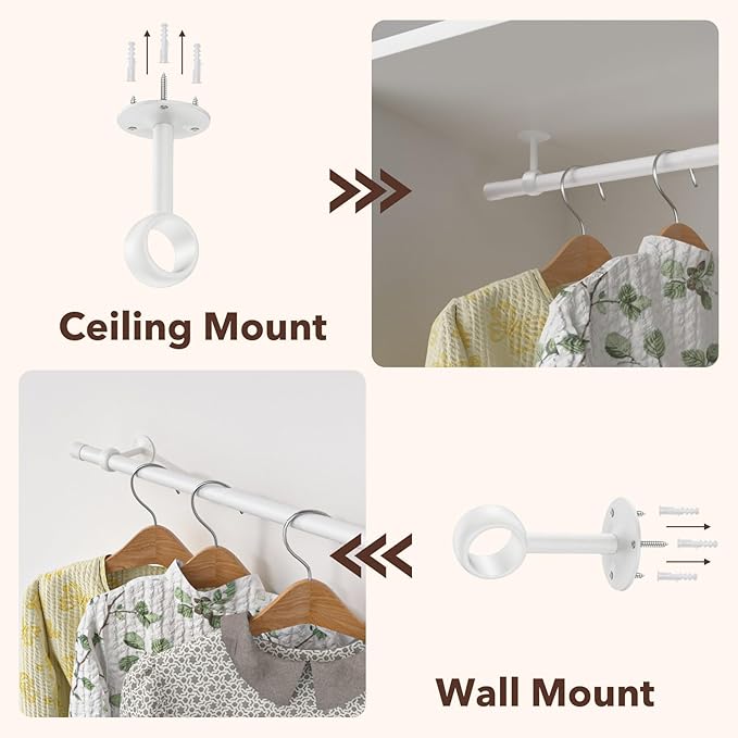 SUTINE Closet Rod, Closet Rods for Hanging Clothes, 17 to 52 inch Adjustable Ceiling/Wall mounted Closet Hanging Rod, Heavy Duty Clothes Rod Clothing Bar, Closet Poles for Hanging Clothes for Wardrobe