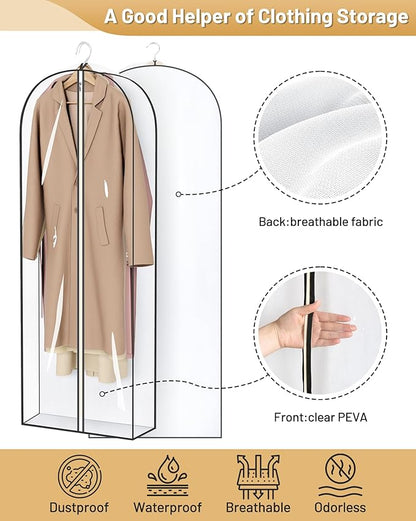 MISSLO 65" Clear Garment Bags for Hanging Clothes 4" Gusseted Dress Bags for Gowns Long Dress Cover for Closet Storage Dress Protector Bag, 3 Packs