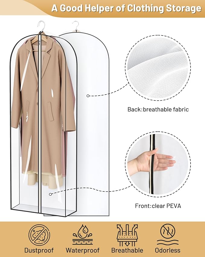 MISSLO 65" Clear Garment Bags for Hanging Clothes 4" Gusseted Dress Bags for Gowns Long Dress Cover for Closet Storage Dress Protector Bag, 2 Packs