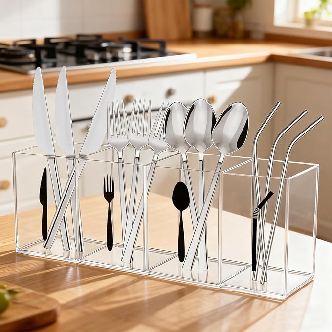 Acrylic Cutlery Storage Organizer Bin with Straw Holder, Clear Acrylic Silverware Caddy Utensil Holder 4 Section Plastic Cutlery Caddy Straw Organizer for Countertop Kitchen Party Buffet Picnic