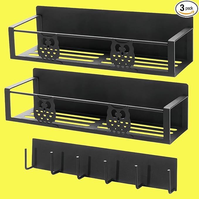 Magnetic Spice Rack for Refrigerator,Spice Organizer for Kitchen,Seasoning Organizer Rack,Magnetic Shelf with Hooks,Strong Magnet,Moveable,No Drilling(3 Pack,Black,Owl)