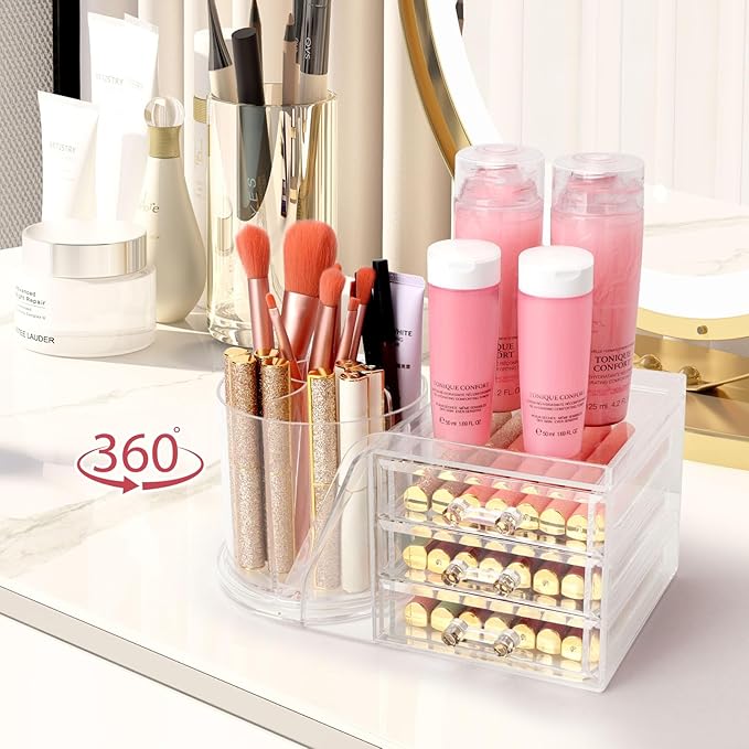 Clear Makeup Organizer with 9 Drawers & Rotating Brush Holder - Large Capacity Cosmetic Display Cases Storage for Vanity, Countertop, Bathroom, Lipstick and Skincare Organization