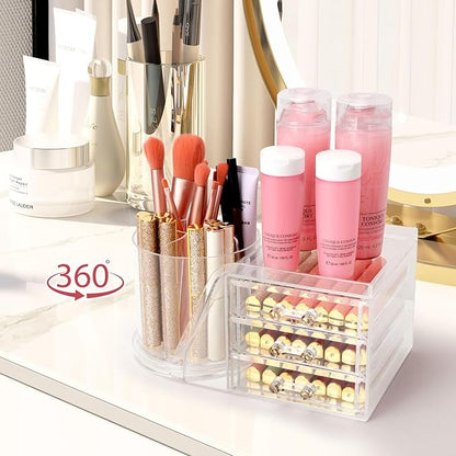 Clear Makeup Organizer with 9 Drawers & Rotating Brush Holder - Large Capacity Cosmetic Display Cases Storage for Vanity, Countertop, Bathroom, Lipstick and Skincare Organization