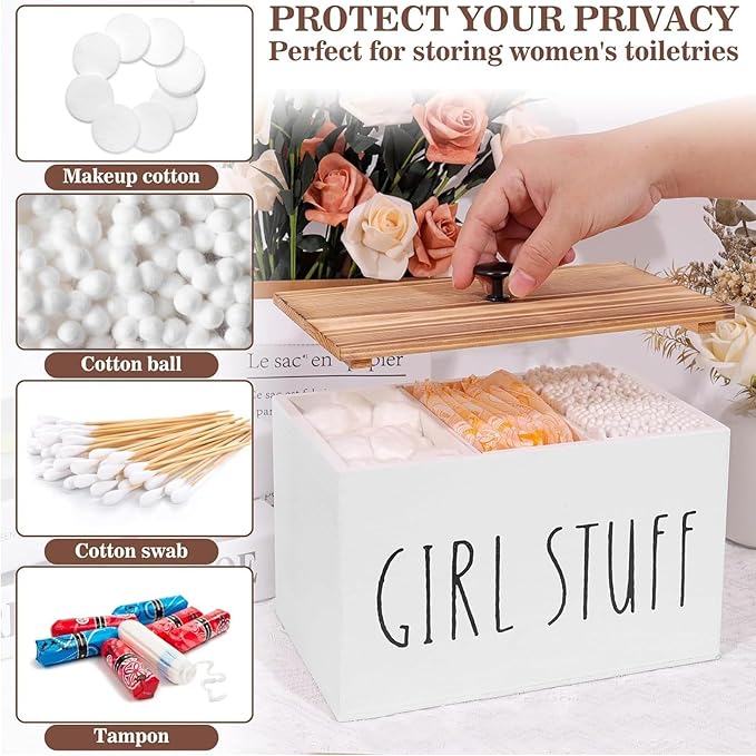 Tampon Holder Tampon Organizer Rustic Wood Bathroom Storage Bin with Lid Movable Partition Storage Container with 3 Compartment Feminine Product Wood Tampon Dispenser (White)