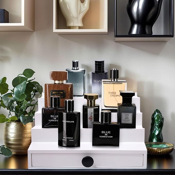 White Cologne Organizer for Men - 4 Tier Wooden Cologne Display Stand with Drawer and Hidden Compartment for Organizing and Storing, Mens Cologne Holder Shelf for Dresser