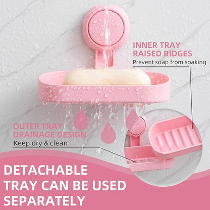 LEVERLOC Soap Dish Holder for Shower Suction Cup Wall Mounted Self Draining NO-Drilling Removable Bar Soap Sponge Holder for Bathroom Bathtub Kitchen Sink Waterproof Strong Vacuum Suction, Pink