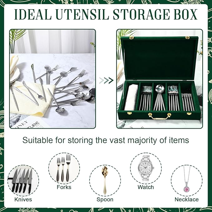 Pickmesh Silverware Case with Lid and Handle, Silverware Storage Box Sterling Silver Flatware Chest Without Silver Tarnish Proof Utensils Organizer for Kitchen Decor Wedding Gifts(Emerald,1 Layer)