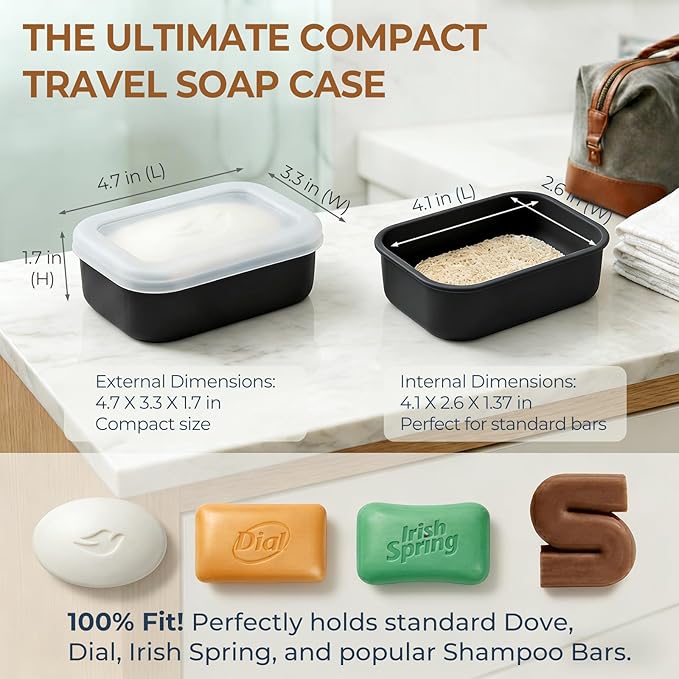 AIMAIAIMAI Enhanced Leak Proof Travel Soap Case, Compact Silicone Travel Soap Dish with Drainage Pad, Great for Gym, Camping, Bussines Trip (Black)