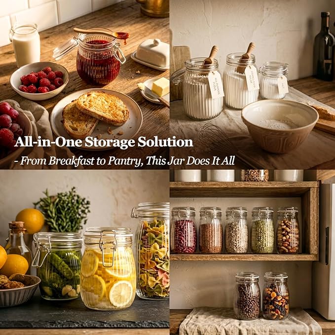 ComSaf 25oz Fluted Glass Mason Jars - Set of 6 Vintage Canisters with Airtight Lids for Sourdough Starter, Pickling, Coffee & Pantry Organization, Farmhouse Kitchen Decor