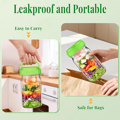 6 Pack Glass Salad Container for Lunch, Salad Jars with Two Dressing Cup for Wet/Dry Separation, Salad Mason Jars with Handle, Leak-proof Meal Prep Containers for Home, Office and Outdoor Use