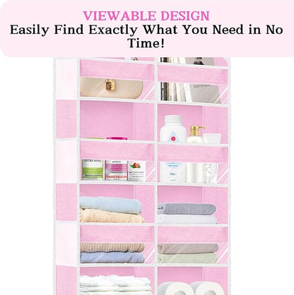 Over The Door Organizer 6 Tiers, Extra Large Behind Door Storage of 12 Compartments, 80 lbs Weight Capacity Hanging Storage Organizer with Clear Window Kids Toys,Shoes,Diapers,Room Storage,Pink