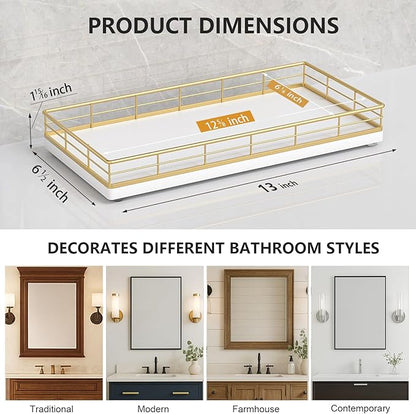Toilet Paper Basket Organizer – Oak Wood Toilet Tank Tray with Metal Frame, Bathroom Counter Top Storage for Toilet Paper, Wipes & Decor, Modern Narrow Back of Tank Shelf Organizer, Gold & White