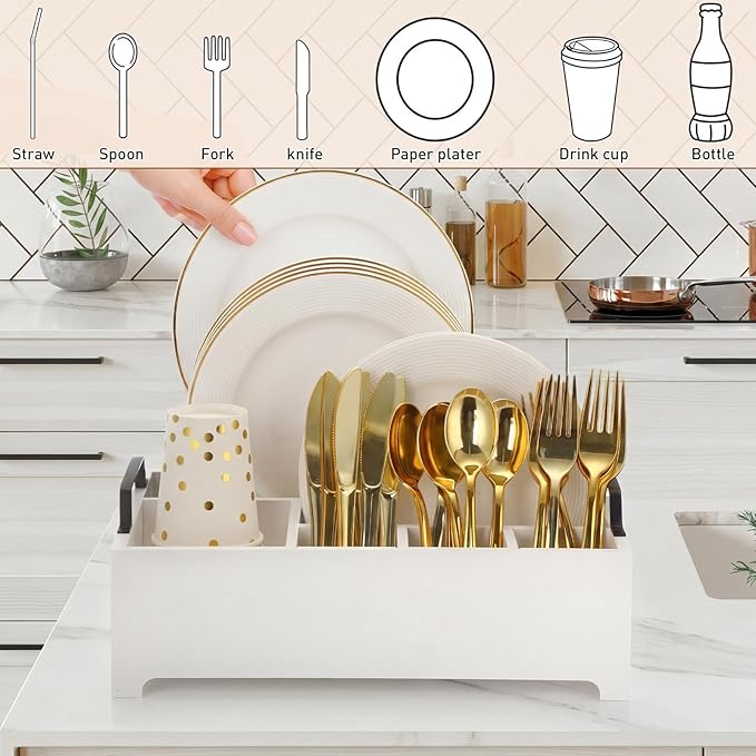 LemonRoad Wood Paper Plate Dispenser Rustic Silverware Utensil Caddy Cutlery Flatware Organizer with Handles 6 Compartments for Countertop Party Picnic Camping Buffet Kitchen Accessories(White)
