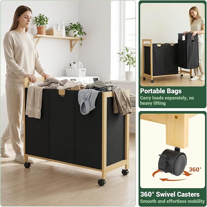 Homykic 250L Laundry Sorter Cart with Wheels, 3-Section Rolling Laundry Basket with Removable Bags, 66 Gal Large Laundry Hamper Organizer, Heavy Duty Bamboo Frame, Water-Resistant, Black