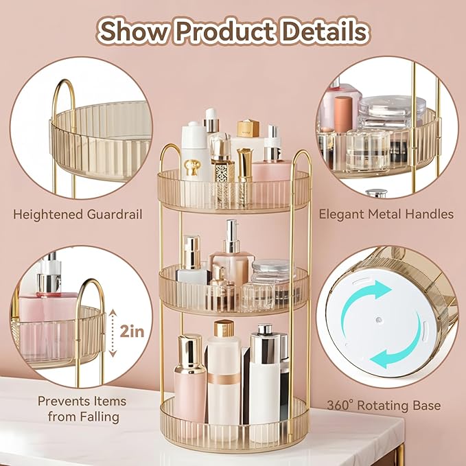 360° Rotating Makeup Organizer for Vanity, 3 Tier Perfume Organizers Skincare Organizers and Storage for Bathroom Countertop, Spinning Cosmetic Organizer for Bedroom Dresser Counter (Gold)