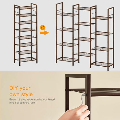 usikey 8 Tiers Narrow Shoe Rack 16-24 Pairs, Sturdy Metal Tall Shoe Rack with 4 Hooks, Slim Shoe Storage Organizer with Metal Shelf, Space Saving Vertical Shoe Shelf for Entryway BronzeUNYXJX016A