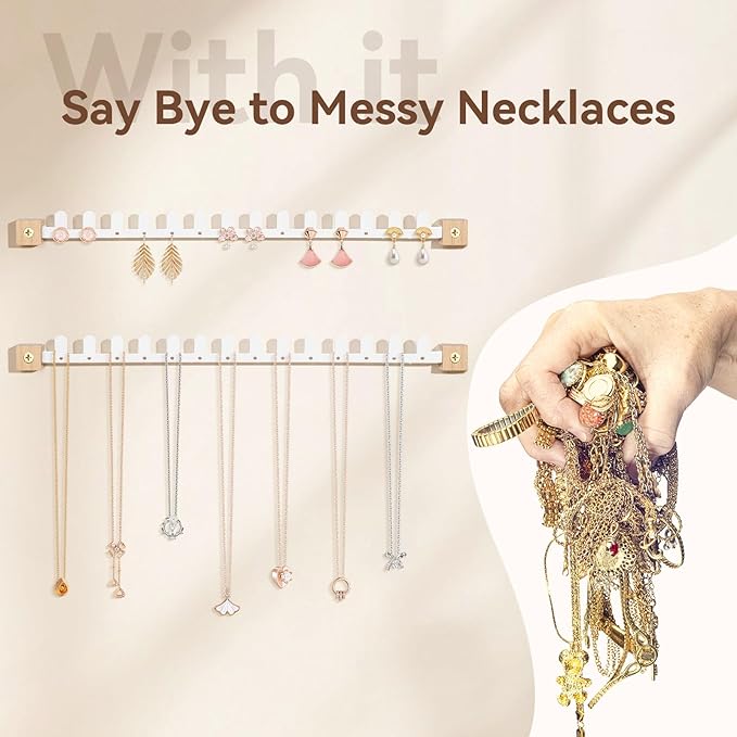 Wall Necklace Holder Hanging Jewelry Organizer 2 Pack Metal Necklace Organizer, Space-saving Jewelry Display for Necklaces & Earrings, Screws Included,White
