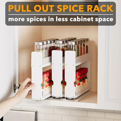 SpaceAid Bamboo Pull Out Spice Rack Organizer for Cabinet, Heavy Duty Slide Out Seasoning Kitchen Pantry Sliding Vertical Organization, 7.6" Wide, 3 Drawers(2" Wide), 2-Tier, White