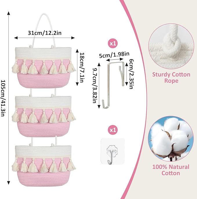 Over the Door Organizer Nursery - Cotton Boho Decor 3 Tier Wall Hanging Basket, Decorative Hanging Storage Organizer for Nursery Bathroom Bedroom Laundry Dorm Kitchen