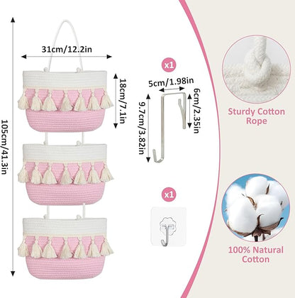 Over the Door Organizer Nursery - Cotton Boho Decor 3 Tier Wall Hanging Basket, Decorative Hanging Storage Organizer for Nursery Bathroom Bedroom Laundry Dorm Kitchen