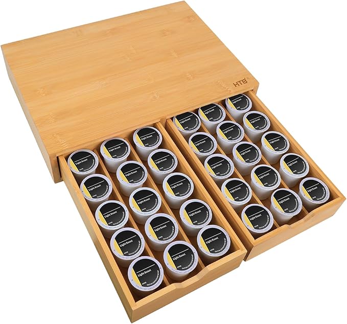 HTB K Cup Coffee Pod Holder, Drawer Type K Cup Organizer Storage, Compatible with K-Cup Pods, Space-Saving Coffee Capsule Drawer- Bamboo Double Drawer Holds Up 30 Cups