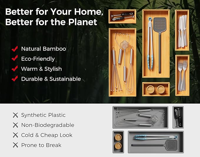 Bamboo Kitchen Drawer Organizer Boxes – 9" x 6" Stackable Wood Silverware Utensil Tray for Drawers Bins, Cutlery & Flatware Storage – Wooden Organizers Set of 2 for Junk Drawer, Bathroom, RV