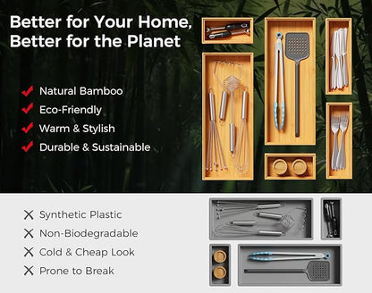 Bamboo Kitchen Drawer Organizer Boxes – 9" x 3" Stackable Wood Silverware Utensil Tray for Drawers Bins, Cutlery & Flatware Storage – Wooden Organizers Set of 2 for Junk Drawer, Bathroom, RV