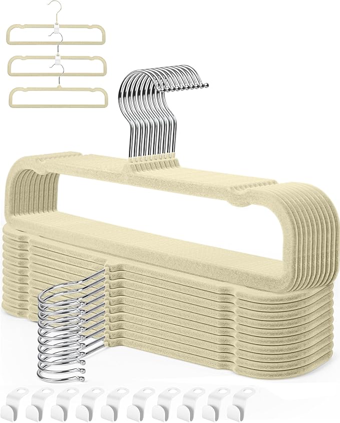 HGYZE Velvet Pant Hanger Space Saving, 20 Pack Non-Slip Shorts Hanger, Jeans Slack Trousers Hanger with 10pcs Clothe Hanger Connector Hooks Closet Organizer, Slim Felt Hangers for College Dorm (Beige)