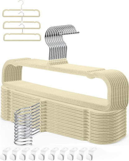 HGYZE Velvet Pant Hanger Space Saving, 20 Pack Non-Slip Shorts Hanger, Jeans Slack Trousers Hanger with 10pcs Clothe Hanger Connector Hooks Closet Organizer, Slim Felt Hangers for College Dorm (Beige)