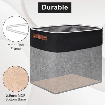 Bagnizer Large Fabric Storage Baskets | 50L Storage Bins, Decorative Linen Closet Baskets with Handles for Organizing, Shelf, Toys, Clothes, Home, Office, Nursery, 17x12x15Inches (Gray&Black)