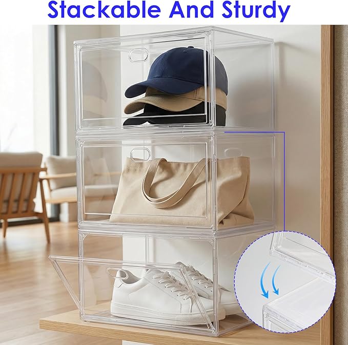 3-Pack Clear Stackable Shoe Display Cases – Large Plastic Storage Bins with Magnetic Door for Size 14 Sneakers, Organizer for Handbags, Collectibles & Closet