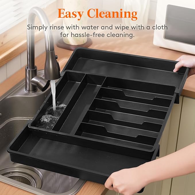 Lifewit Silverware Drawer Organizer, Expandable BPA Free Plastic Utensil Tray for Kitchen, Adjustable Flatware Cutlery Holder for Spoons Forks Knives, 13-22.3 x 16.7", Black