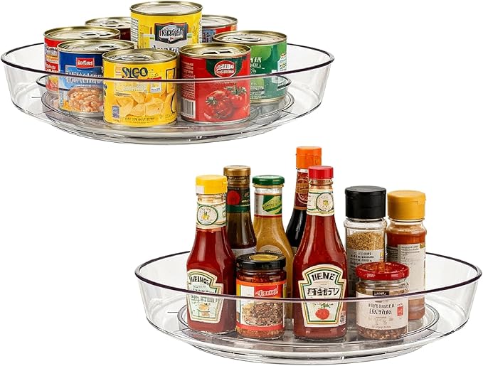2 Pack Lazy Susan 10 inch Turntable for Spice Organization | Clear BPA-Free Plastic Rotating Organizer for Kitchen Cabinet, Pantry, Countertop, Fridge | 360-Degree Rotating Base