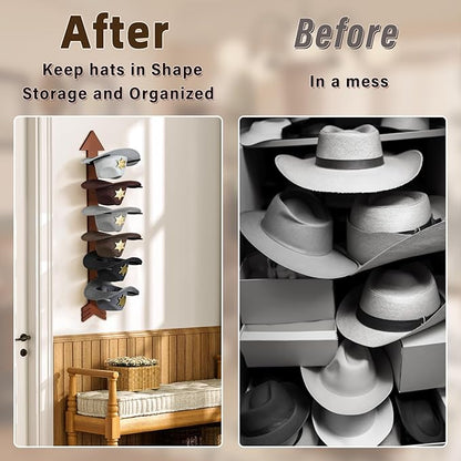 Cowboy Hat Holder for Wall 6 Pieces Arrow Solid Wood with Metal Western Hat Rack Wall Decor Hat Organizer Hanger Storage for Entryway Closet Living Room Bedroom Cherry Brown