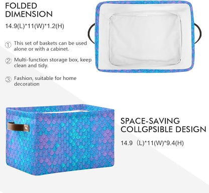 Blue Mermaid Scale Storage Baskets,Decorative Collapsible Rectangular Canvas Fabric Storage Bin for Home