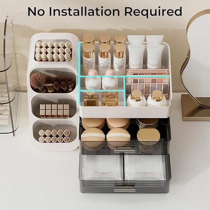 Makeup Organizer for Vanity with Brush Holder, Large Capacity Bathroom Countertop Skincare Organizer with 2 Drawers, Cosmetic Display Case for Perfumes, Eyeshadow Palettes, Nail Polishes