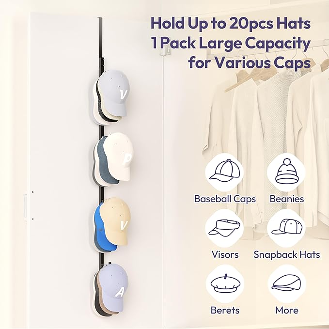 SWTYMIKI Over Door Hat Rack - Hat Organizer with 4 Hooks Design, Hanging Baseball Cap Organizer Storage Holds Up to 20 Caps for Door, Bedroom, Closet (Black)