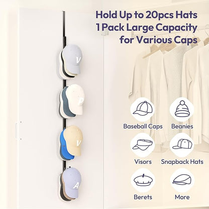 SWTYMIKI Over Door Hat Rack - Hat Organizer with 4 Hooks Design, Hanging Baseball Cap Organizer Storage Holds Up to 20 Caps for Door, Bedroom, Closet (Black)