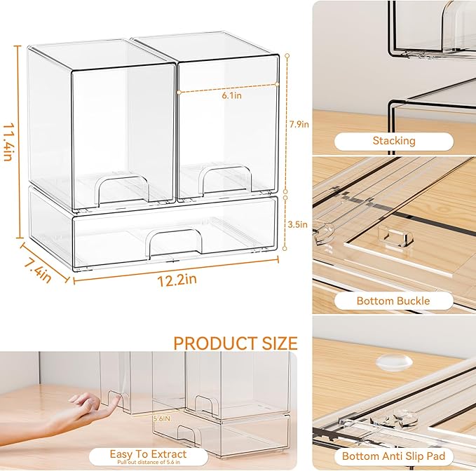 Yieach 3 Set Baby Bottle Organizer for Countertop,BPA Free Bottle Station Organizer for Breast Pump Parts,Pacifier and Baby Accessories,Clear Stackable Storage Drawers and Home Edit Storage Containers