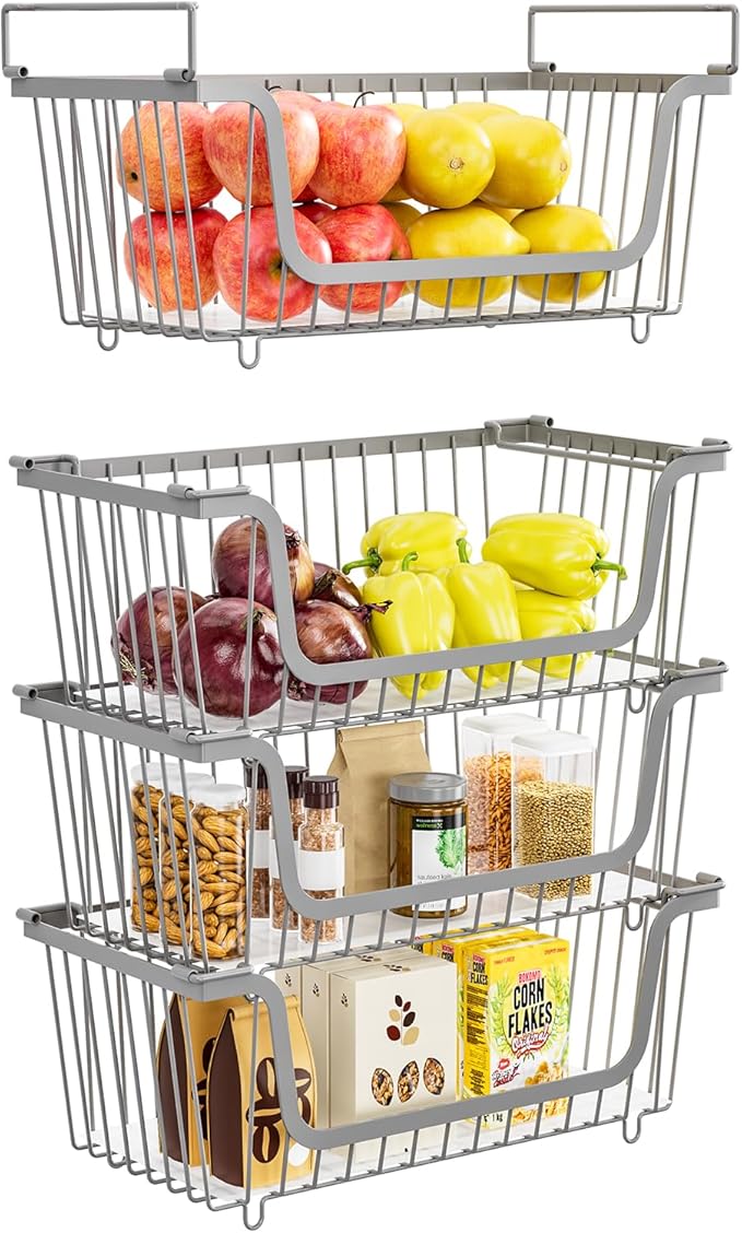 4 Pack Stackable Wire Baskets with Handles for Pantry Organizers and Storage, Fruit and Vegetable wire storage baskets, Potato and Onion Storage Bin, Metal Baskets for Organizing Snacks, Cans (Gray)