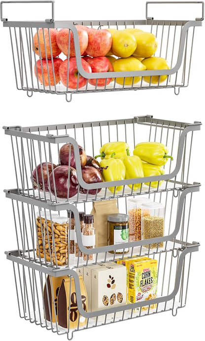 4 Pack Stackable Wire Baskets with Handles for Pantry Organizers and Storage, Fruit and Vegetable wire storage baskets, Potato and Onion Storage Bin, Metal Baskets for Organizing Snacks, Cans (Gray)