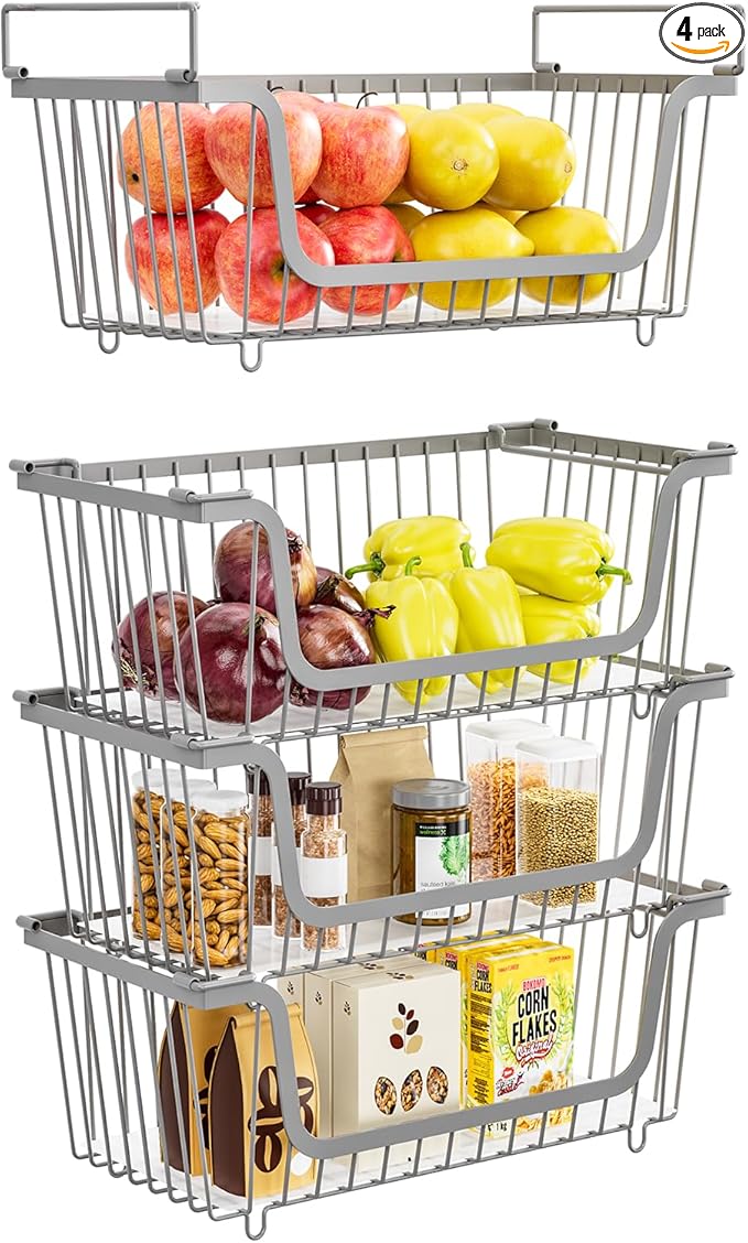 4 Pack Stackable Wire Baskets with Handles for Pantry Organizers and Storage, Fruit and Vegetable wire storage baskets, Potato and Onion Storage Bin, Metal Baskets for Organizing Snacks, Cans (Gray)