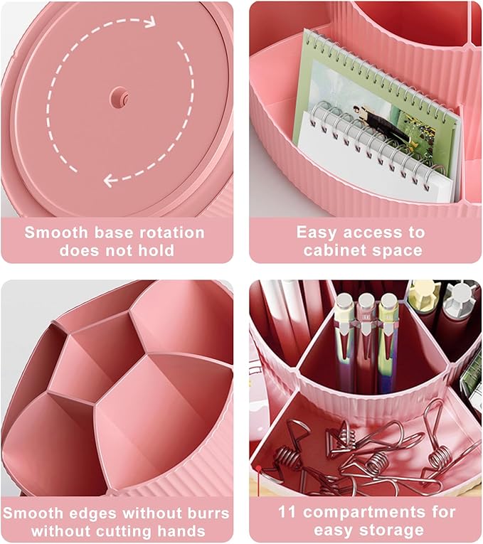 DASITON 360° Rotating Makeup Brush Holder Organizer,Large Capacity Makeup Organizer Countertop,11 Slots Makeup Brush Holder,Cosmetic Organizer,Cosmetic Display Cases for Vanity,Desktop,Bathroom(Pink)