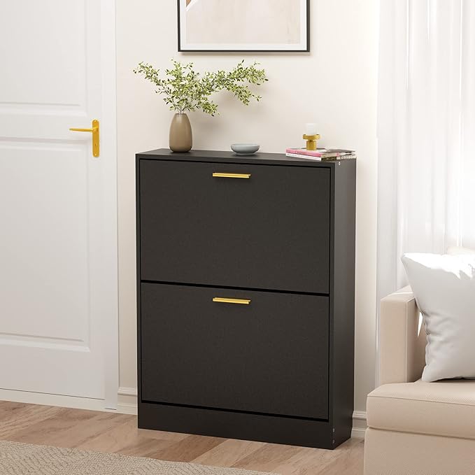 JOZZBY Shoe Cabinet Storage for Entryway, Slim Black Hidden Shoe Organizer Cabinet with 2 Flip Drawers, Wooden Narrow Shoe Rack with 2 Tier Freestanding for Hallway, Living Room