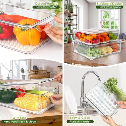 ZIJUND 4 Pack Fridge Organizer, Stackable Refrigerator Organizer Bins with Lids, BPA-Free Fridge Organizers and Storage Containers for Fruit, Vegetable, Food, Drinks, Cereals, Clear